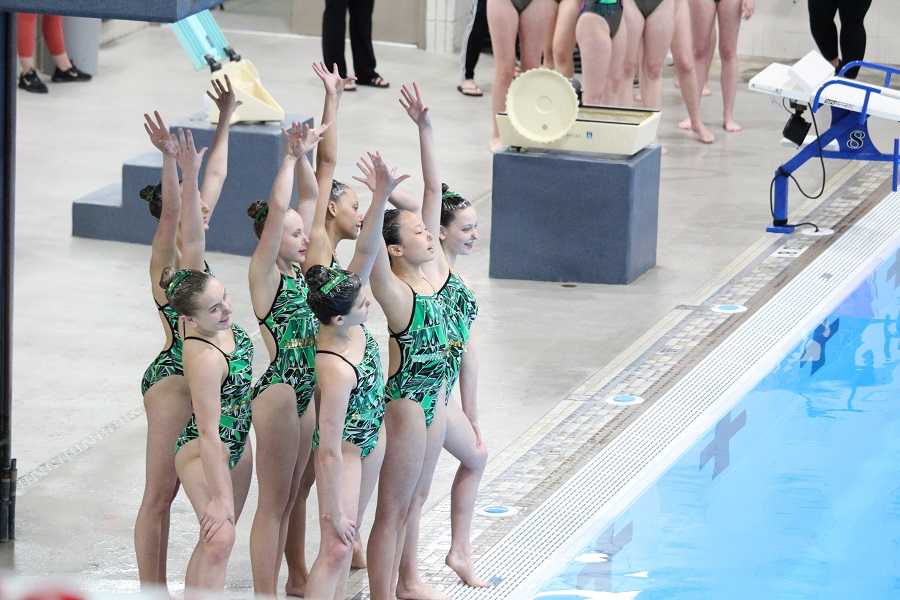 Synchronized swimmers perform at the state meet