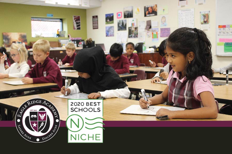 Elementary student participating in class; Eagle Ridge Academy and Niche logos
